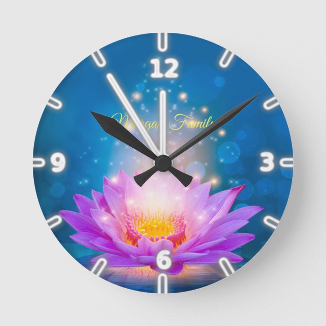 Elegant Purple Lotus Lake Blue Personalised Round Clock (Front)