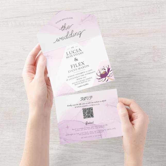Elegant Purple Lotus Mini Floral Wedding All In One Invitation (Tearaway)