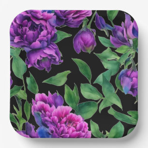 Elegant purple magenta watercolor florals flowers paper plate