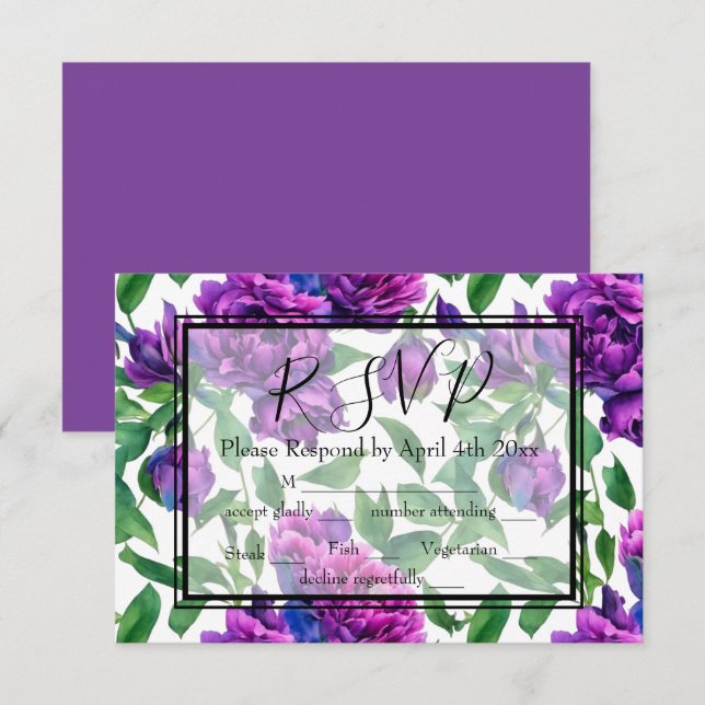 Elegant purple magenta watercolor florals rsvp (Front/Back)