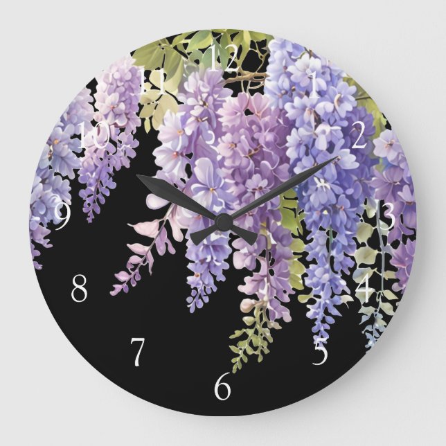Elegant purple magenta watercolor wisteria floral  large clock (Front)