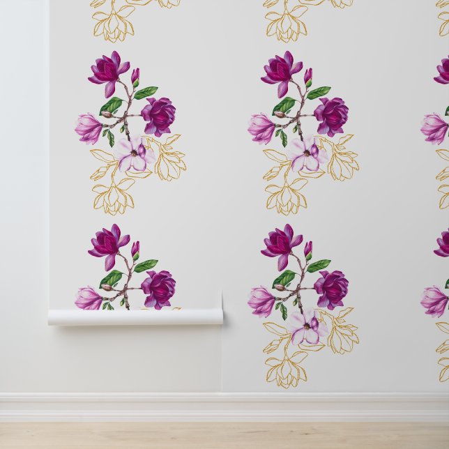 Elegant Purple Magnolia Flowers with Gold Floral Wallpaper (Application)