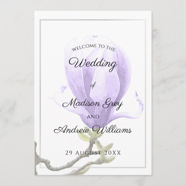 Elegant Purple Magnolia Wedding Menu (Front)