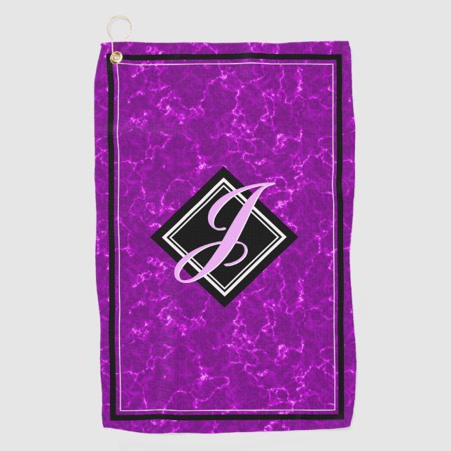 Elegant Purple Marble Black Diamond Initial Script Golf Towel (Front)
