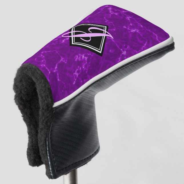 Elegant Purple Marble Black Diamond Monogram Golf Head Cover (3/4 Front)