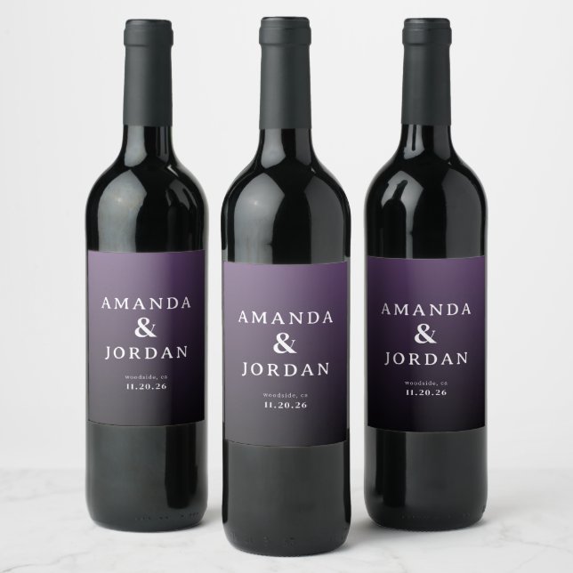 Elegant Purple Minimalist Wedding Wine Labels (Bottles)