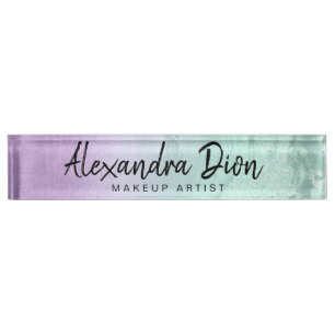 Elegant purple & mint glitter marble makeup artist nameplate