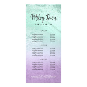 Elegant purple & mint glitter marble makeup artist rack card