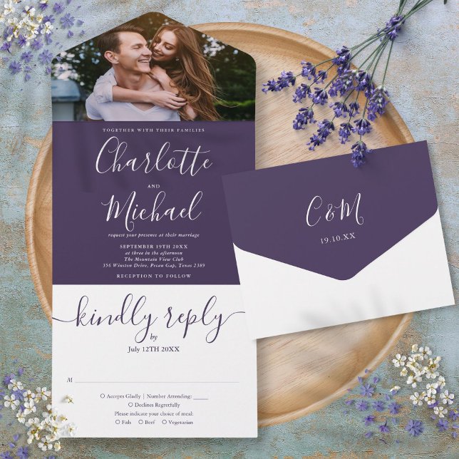 Elegant Purple Modern Script Photo Wedding All In One Invitation (Elegant Purple Modern Script Photo Wedding All In One Invitation)