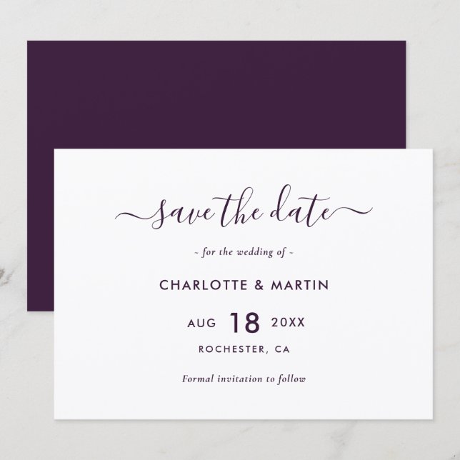 Elegant Purple Modern Script Wedding Save The Date (Front/Back)