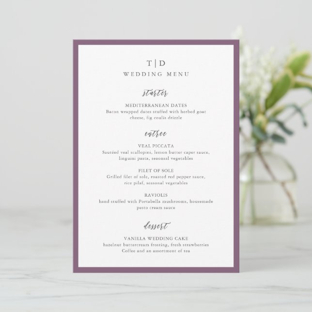 Elegant Purple Monogram Modern Wedding Menu (Standing Front)