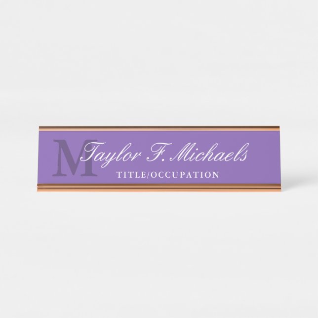 Elegant Purple Monogram & Name Desk Name Plate (Front)
