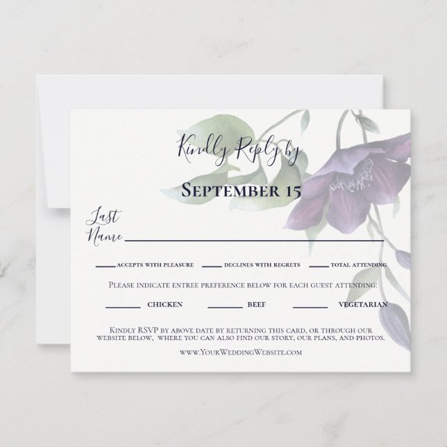 Elegant Purple Navy Blue Cream Reception Dinner RSVP Card (Front)