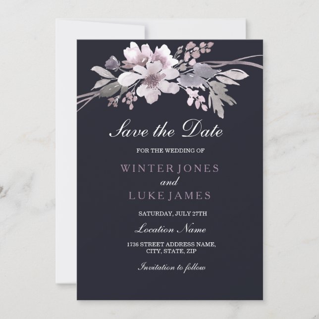 Elegant Purple Navy Blue Floral Save the date card (Front)
