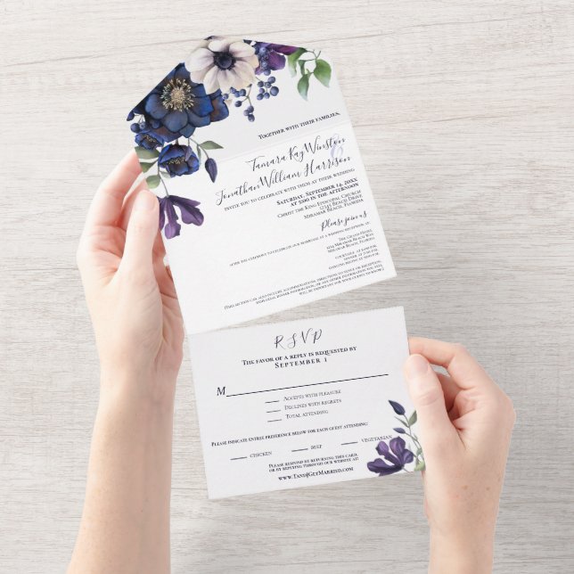 Elegant Purple Navy Blue Floral Wedding All In One All In One Invitation (Tearaway)