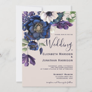 Elegant Purple Navy Champagne Vintage Floral Invitation