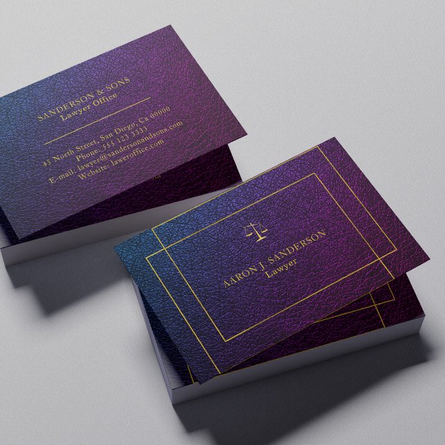 Elegant purple navy faux lather gold script lawyer business card (Creator Uploaded)