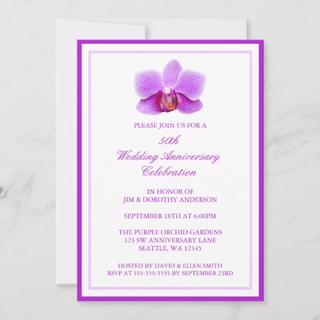 Elegant Purple Orchid 50th Wedding Anniversary Invitation (Front)