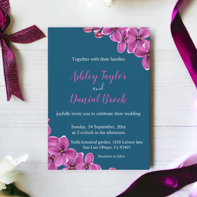 Elegant Purple Orchid Flower Blue Floral Wedding Invitation (Creator Uploaded)