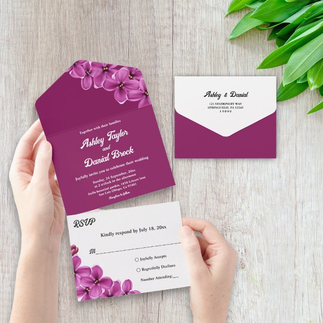 Elegant Purple Orchid Flower Boho Floral Wedding All In One Invitation (Creator Uploaded)