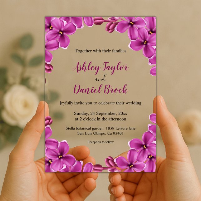 Elegant Purple Orchid Roses Summer Floral Wedding Acrylic Invitations (Creator Uploaded)