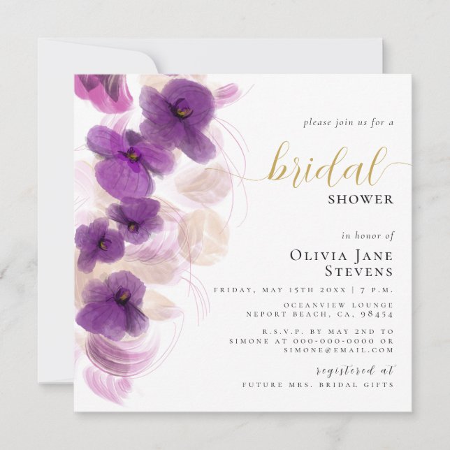 Elegant Purple Orchids Wreath Floral Bridal Shower Invitation (Front)
