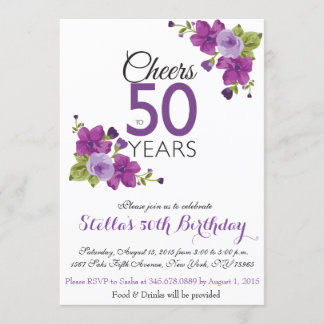 Elegant Purple Paint Flower 50th Birthday Invite