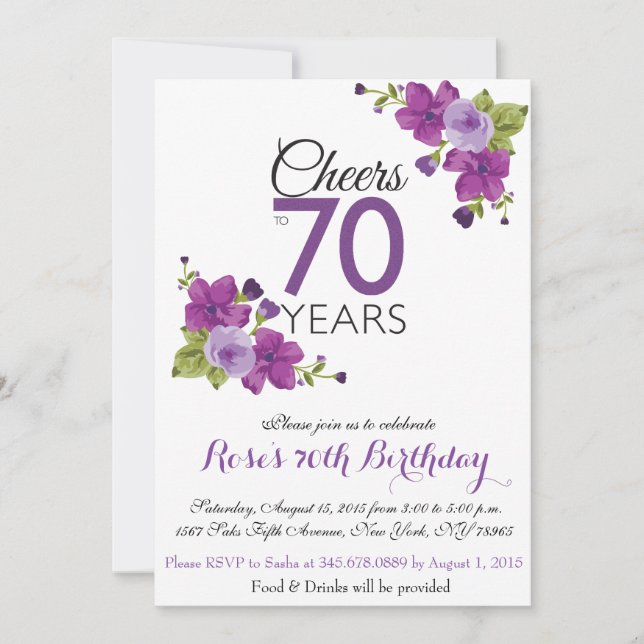 Elegant Purple Paint Flower 70th Birthday Invite (Front)