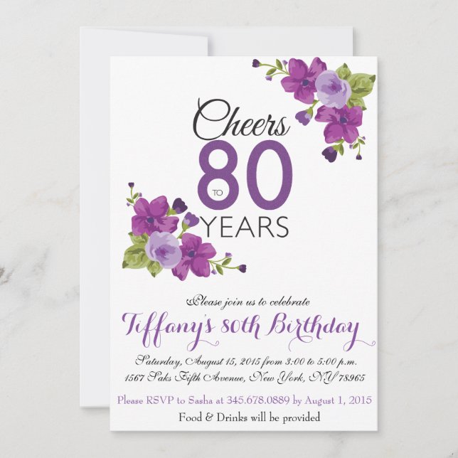 Elegant Purple Paint Flower 80th Birthday Invite (Front)