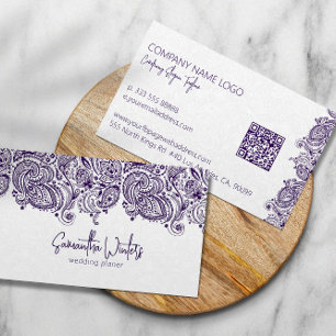 Elegant purple paisley on white wedding planner business card