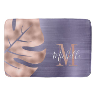 Elegant Purple Palm Leaf Monogram Bath Mat