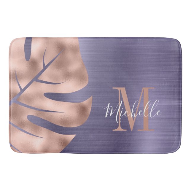 Elegant Purple Palm Leaf Monogram Bath Mat (Front)