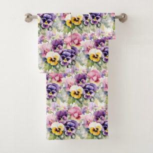 Elegant Purple Pansy Pansies Floral Towel Set