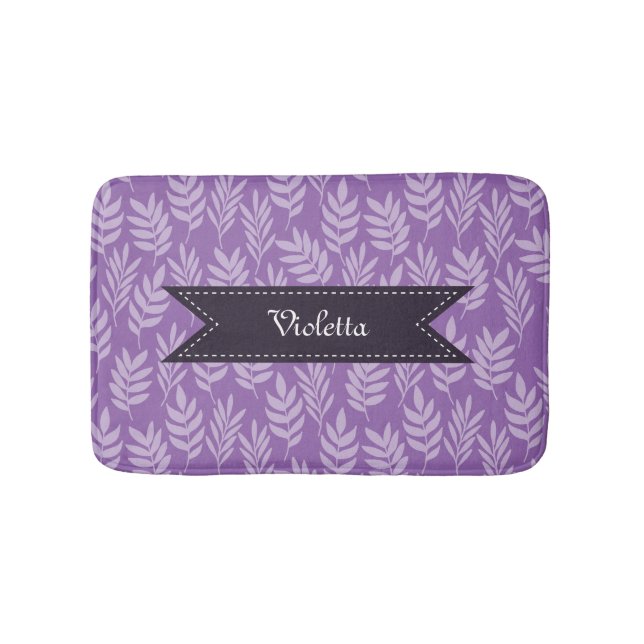 Elegant Purple Pattern Lavender Leaves With Name Bath Mat (Front)