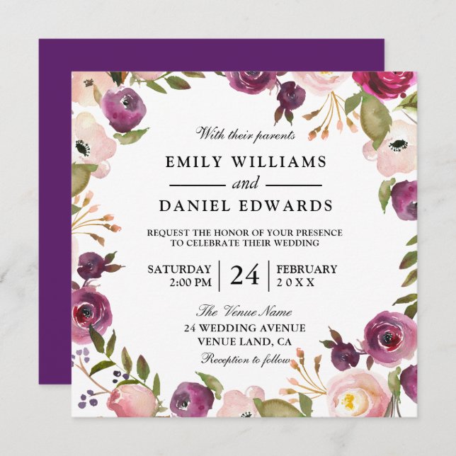 Elegant Purple Peach Pink Floral Wedding Invite (Front/Back)