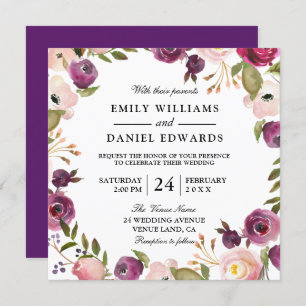 Elegant Purple Peach Pink Floral Wedding Invite