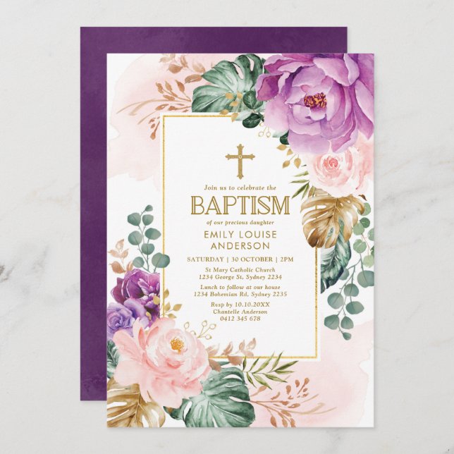Elegant Purple Peach Tropical Greenery Baptism Invitation (Front/Back)