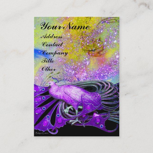 ELEGANT PURPLE PEACOCK AND YELLOW FLORAL SPARKLES BUSINESS CARD (Front)