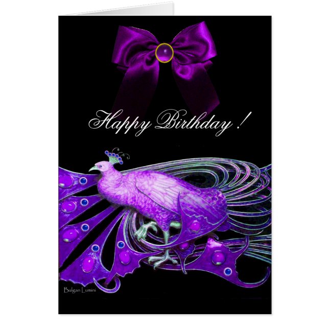 ELEGANT PURPLE PEACOCK,GEM STONE AND BOW BIRTHDAY (Front)