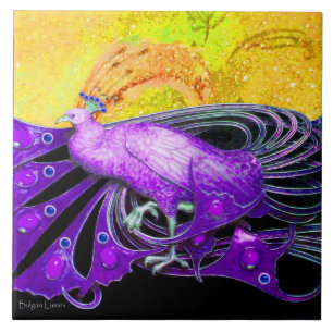 ELEGANT PURPLE PEACOCK IN GOLD YELLOW BLACK CERAMIC TILE