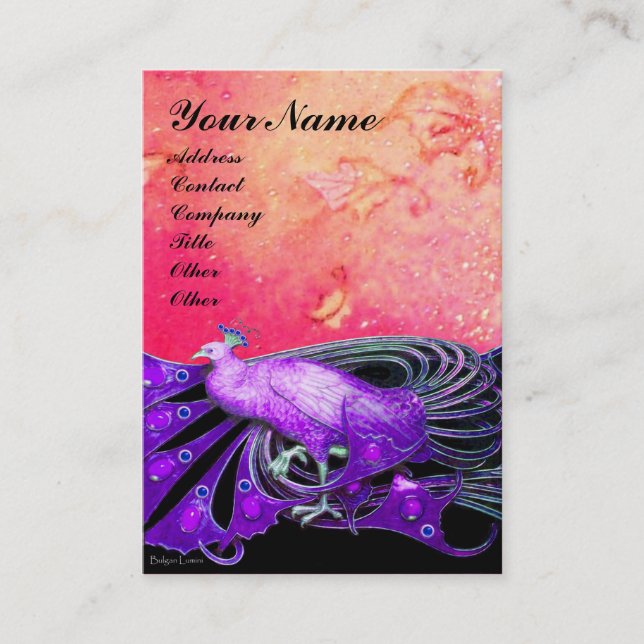 ELEGANT PURPLE PEACOCK IN PINK FLORAL SPARKLES BUSINESS CARD (Front)
