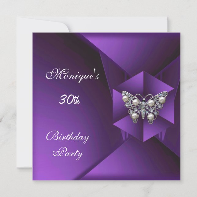 Elegant Purple Pearl Butterfly Jewel 30th Birthday Invitation (Front)