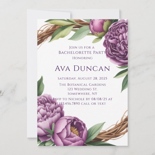 Elegant Purple Peonies Bachelorette Party Invitation (Front)
