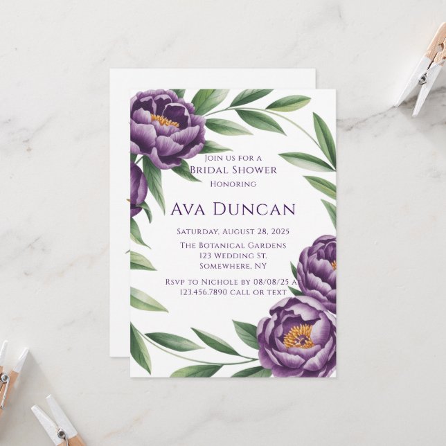 Elegant Purple Peonies Bachelorette Party Invitation (Front/Back In Situ)