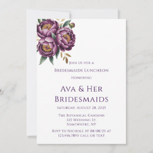 Elegant Purple Peonies Bridesmaids Luncheon Invitation