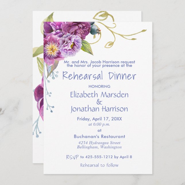 Elegant Purple Peonies Floral Rehearsal Dinner Invitation (Front/Back)