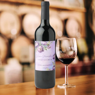 Elegant purple peonies lilac wisteria wedding wine label