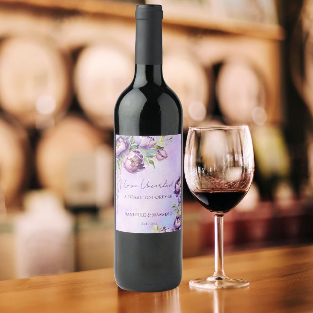 Elegant purple peonies lilac wisteria wedding wine label (Elegant purple peonies lilac wisteria wedding wine label toast to forever personalized labels lilac)