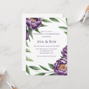 Elegant Purple Peonies Watercolor Wedding  Invitation