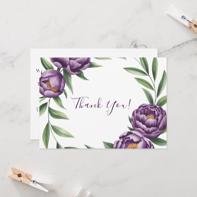 Elegant Purple Peonies Wedding Thank You Card (Front/Back In Situ)